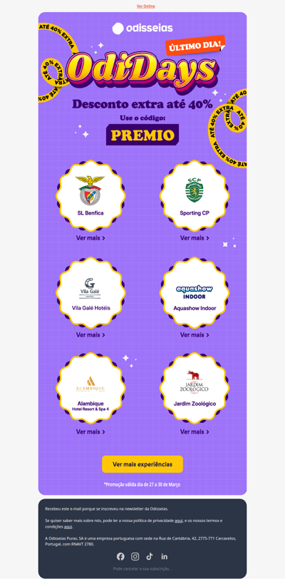 Vila Galé, SLBenfica, Zoo,...Até -40% extra 🔥