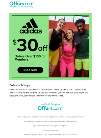 adidas: $30 off Orders Over $100 for Members