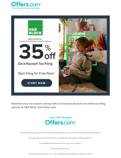 Offers.com Exclusive! 35% Off H&R Block Tax Filing