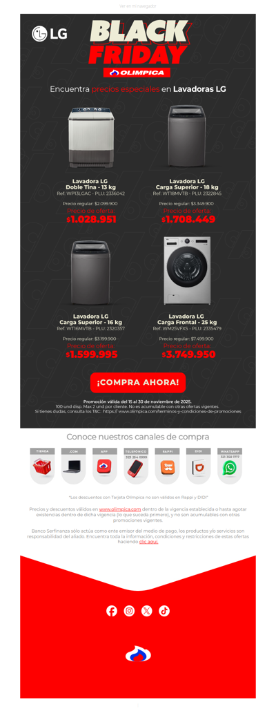 🛒 ¡Abre este correo! Black Friday Olímpica con lavadoras LG imperdibles 💥