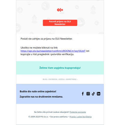 Potvrdite prijavu za OLX Newsletter