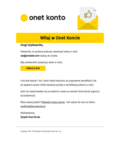 Potwierdź rejestrację w Onet Konto