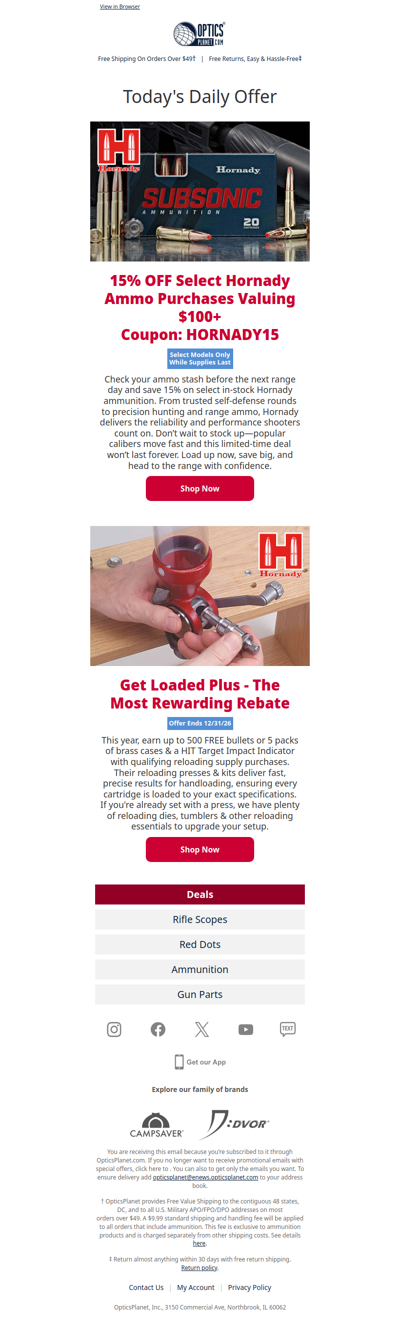 15% OFF Select Hornady Ammo!
