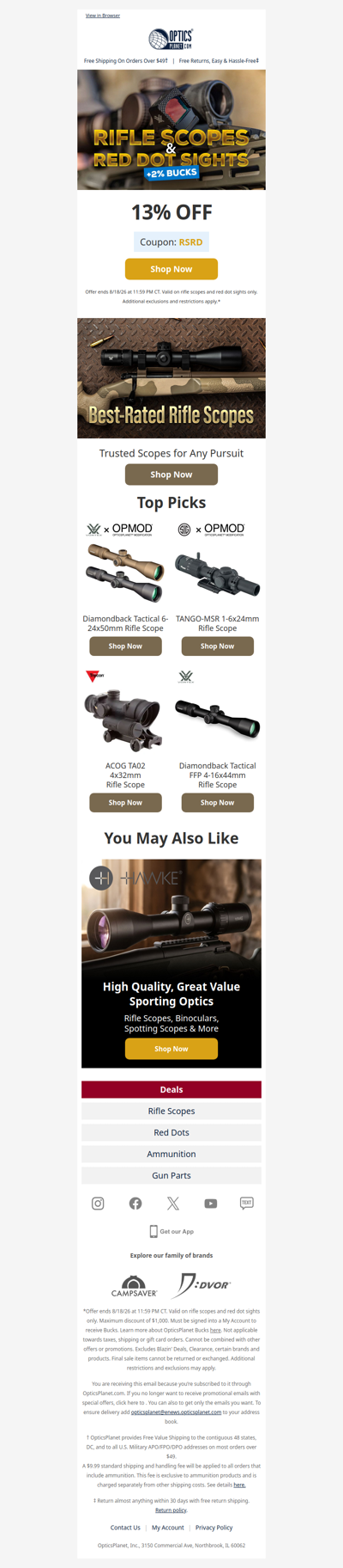 13% OFF Rifle Scopes & Red Dots!