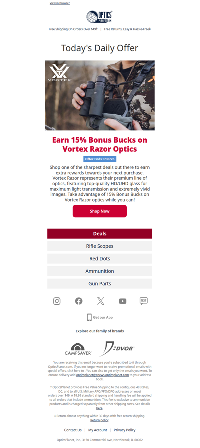 Earn 15% Bonus Bucks on Premium Vortex Razor Optics