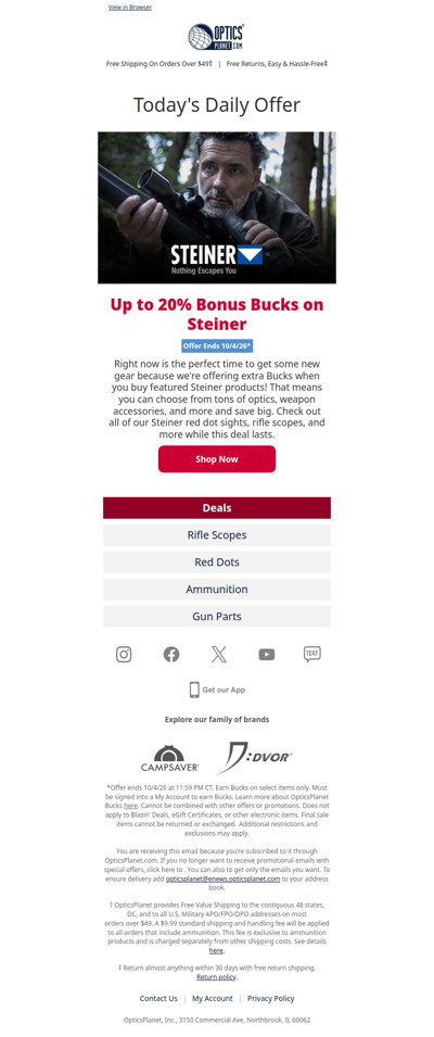 Up to 20% Bonus Bucks on Steiner Gear 💸