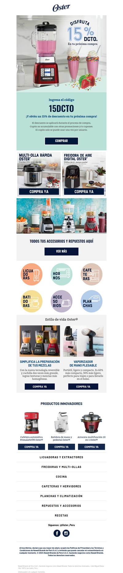 ¡Gracias por suscribirte! ¡Aprovecha tu cupón del 15% de descuento en productos Oster®️!