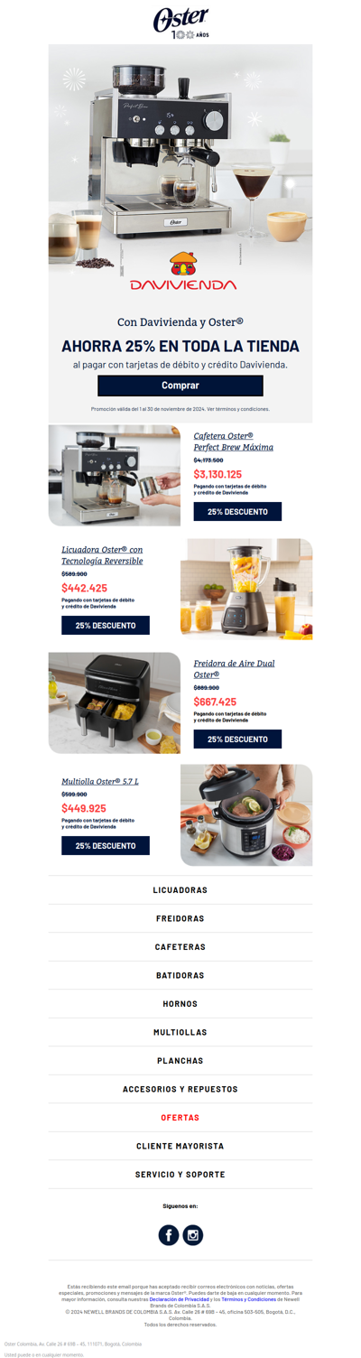 🛒 ¡Ahorra 25% en toda la tienda Oster®! Paga con Davivienda