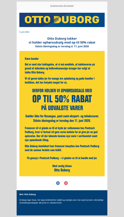 Otto Duborg lukker, ophørsudsalg med op til 50% rabat
