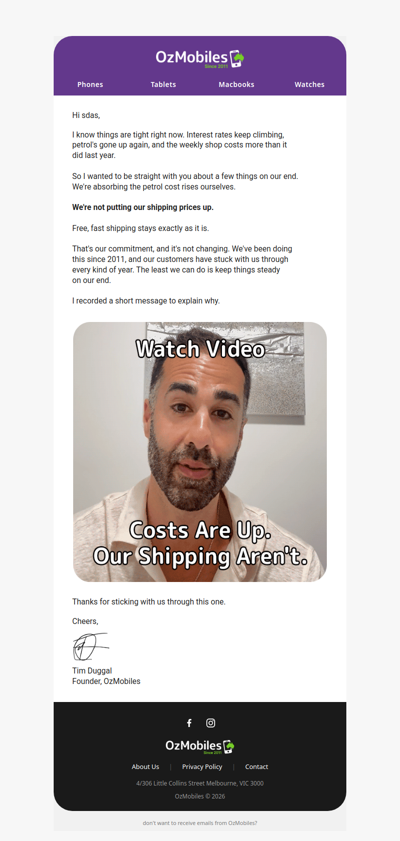 Hey sdas, a quick note from Tim CEO at OzMobiles