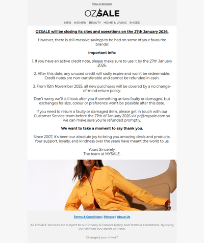 Important Update: OZSALE Closure