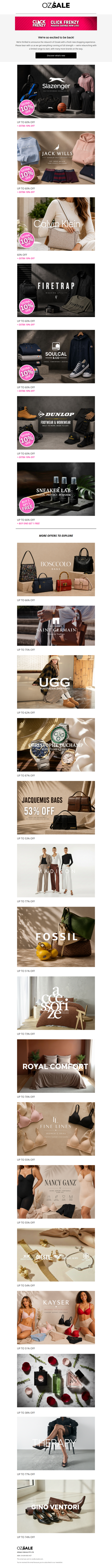 Ozsale is back - Jacquemus, Ateliers Saint Germain, Bosccolo, Dunlop, Fine Lines, Jack Wills, Royal Comfort, Slazenger, Firetrap, UGG, FOSSIL, Michael Kors, Kayser Designer Fragrances, Therapy, Accessorize, Christophe Duchamp, Gino Ventori, Madison