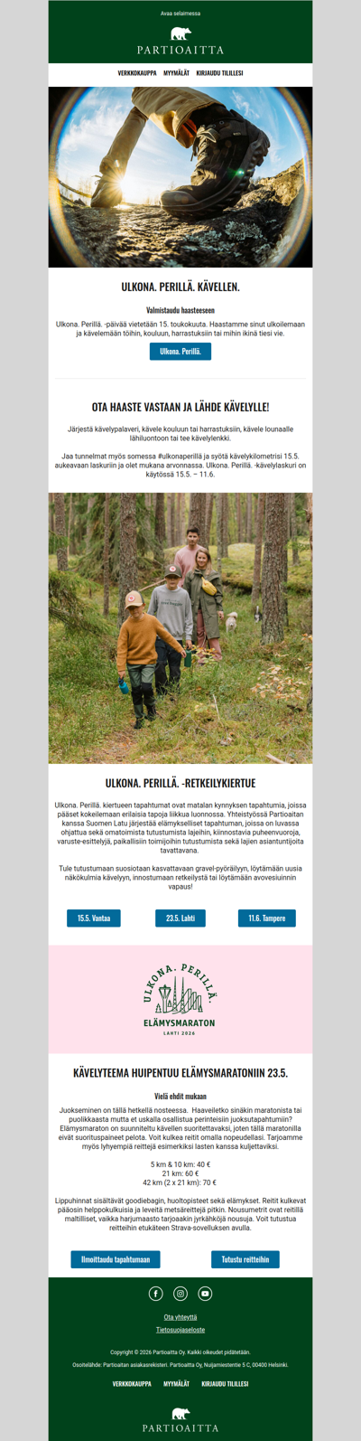 Ulkona. Perillä. Kävellen