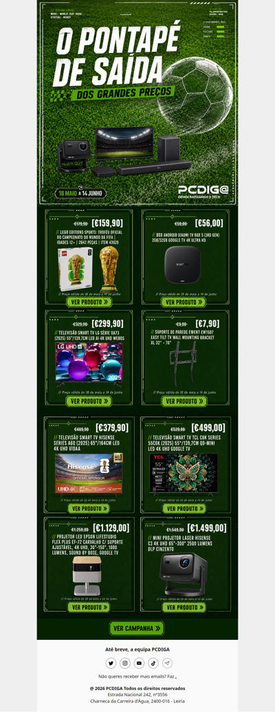 ⚽ Até 131€ off em TVs e projetores 4K, só até 14 junho