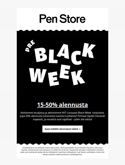 Pre Black Week alkaa NYT 🖤 15-50 % alennusta tuhansista tuotteista