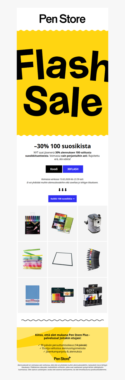 Flash Sale 💥 –30 % alennus 100 suosikista