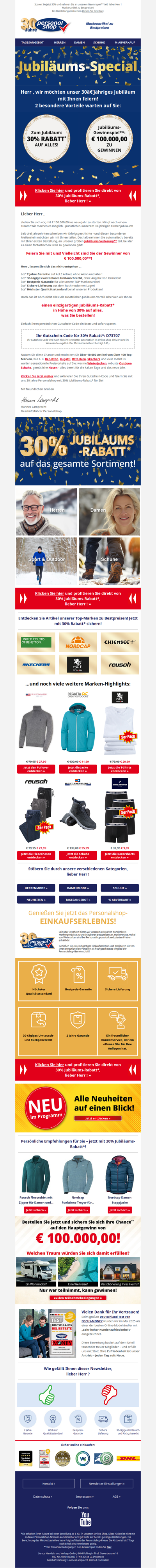 💰 2 exklusive Vorteile für Sie: 30% Rabatt auf alles und Ihre Chance auf € 100.000,00!