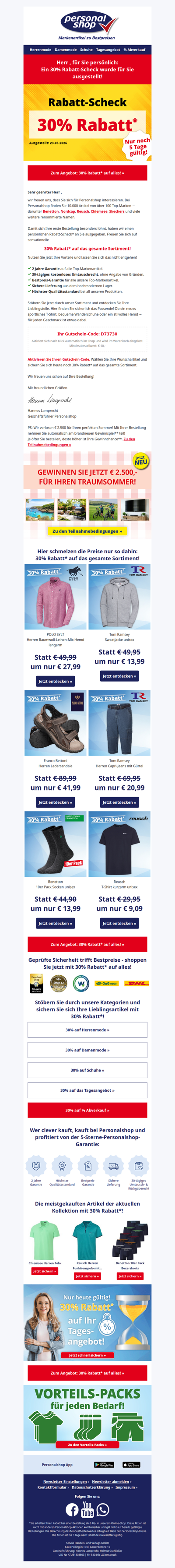 Herr , persönlich für Sie ausgestellt: Ihr 30% Rabatt-Scheck!