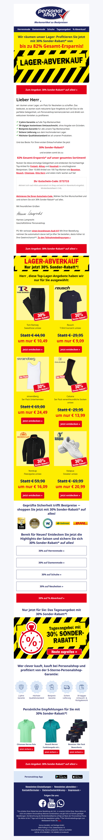 Lager-Räumung! Exklusiv für Sie: 30% Sonder-Rabatt!