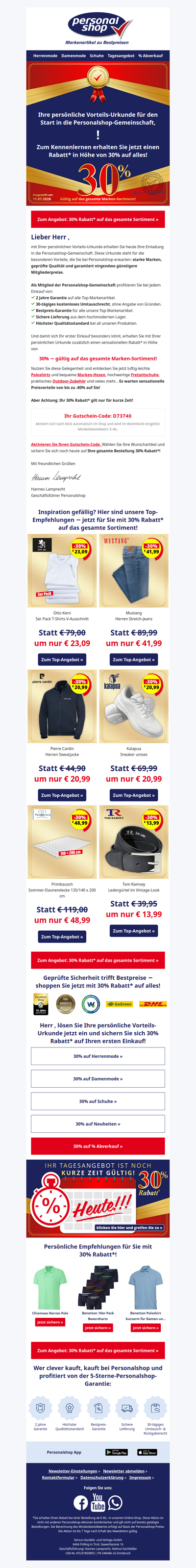 Ihre persönliche Urkunde ist da! 30% Rabatt auf das gesamte Marken-Sortiment!