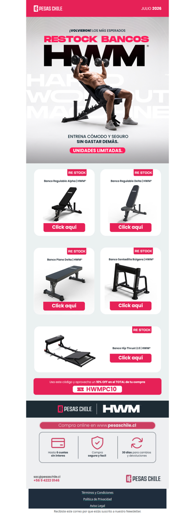 ¡Volvieron los bancos HWM®! Renueva tu gym y aprovecha el 10% OFF 🏋️‍♀️