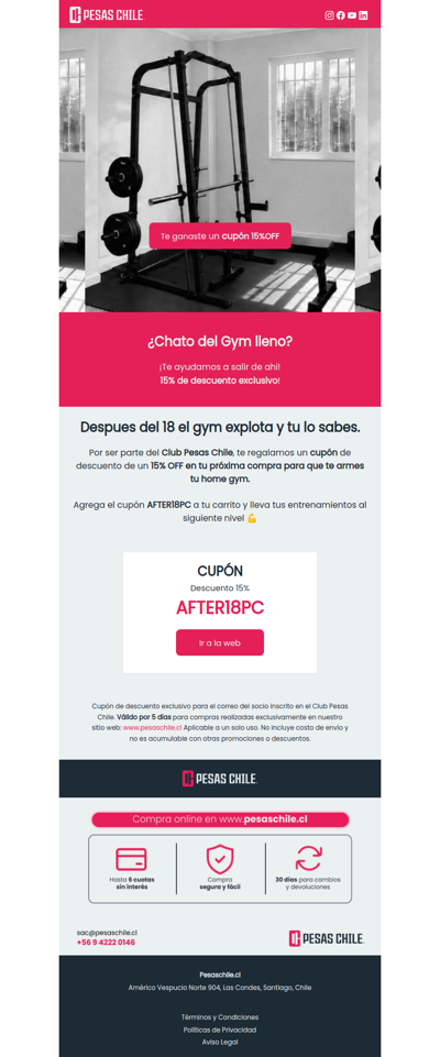 Cupón unico 15% de descuento Para que escapes del Gym