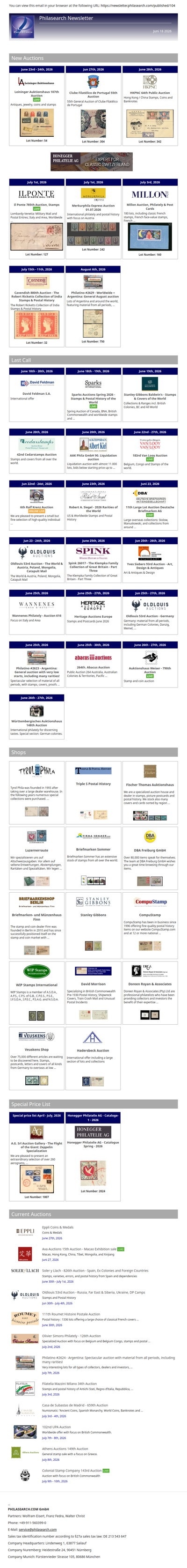 News from Philasearch.com - June 18, 2026
