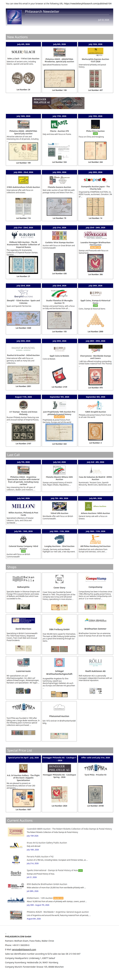 News from Philasearch.com - July 02, 2026