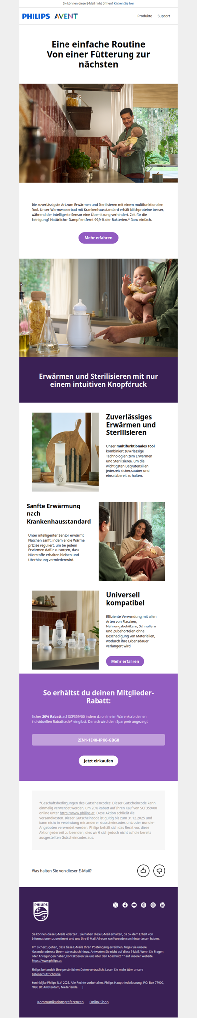 Erwärmen und Sterilisieren über nur einen intuitiven Knopf