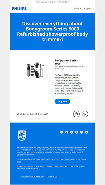 Discover everything about Bodygroom Series 5000 Refurbished showerproof body trimmer