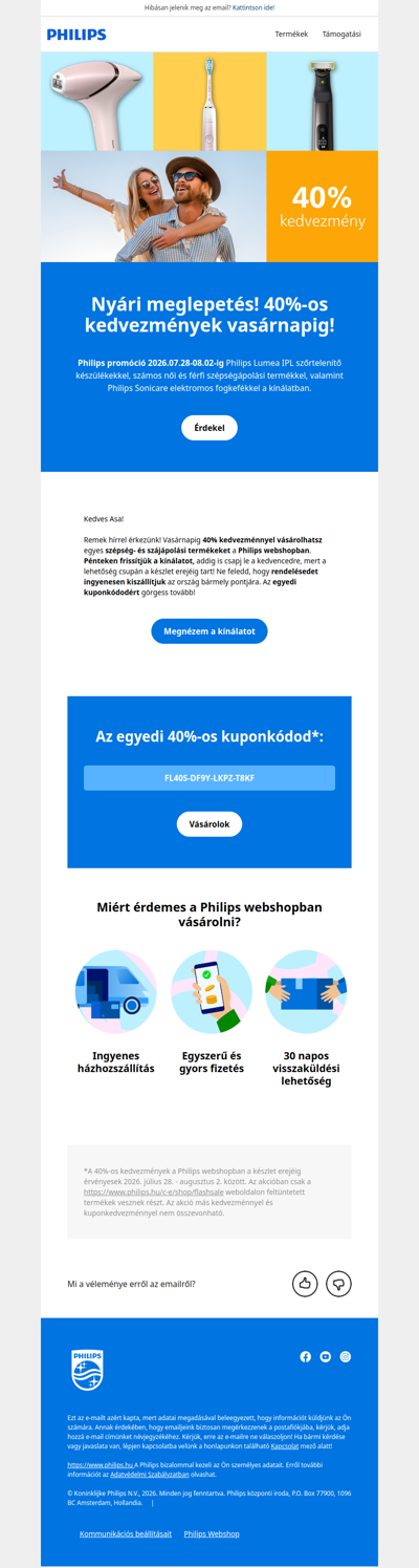 🌞Nyári meglepetés! 40% kedvezmény egyes Philips termékekre vasárnapig!