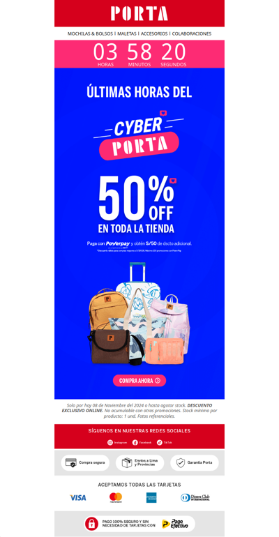 ⏰ ¡Últimas Horas del CyberPorta! Aprovecha el 50% Off  en TODA LA TIENDA 🚀