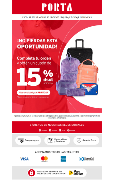 🎁 ¡No te lo pierdas! Completa tu orden y obtén un 15% de dsct adicional. ¡Es tu oportunidad! 🎉