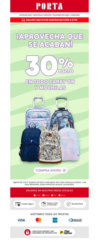 🎒 ¡Últimas horas! Aprovecha el 30% de Dscto en Carry on y Mochilas. No te lo pierdas.📚🧳