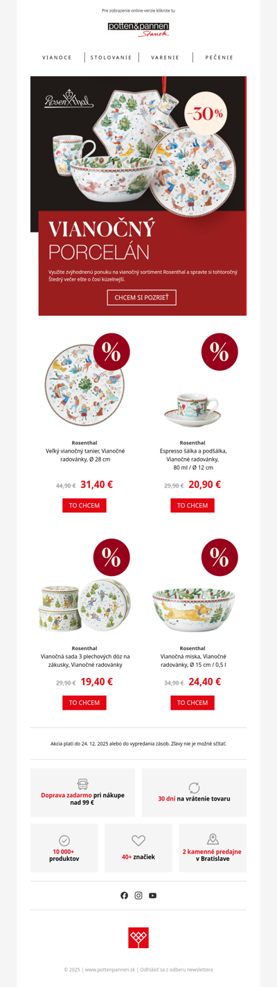 30 % zľava na vianočný porcelán Rosenthal.