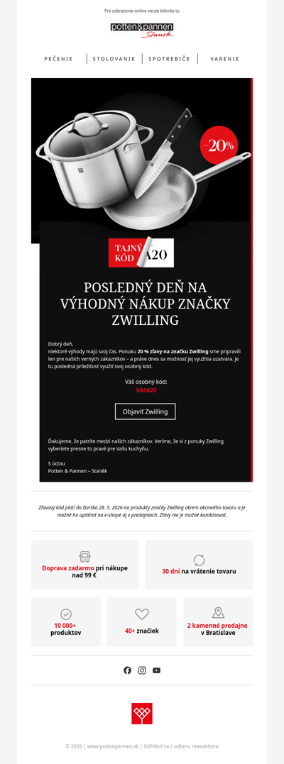 Dnes končí možnosť nakúpiť značku Zwilling o 20 % výhodnejšie.