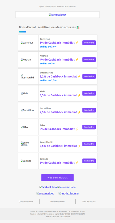 🌟 Carrefour 5% | Auchan 4% | Intermarché 3,2% : Cashback instantané !