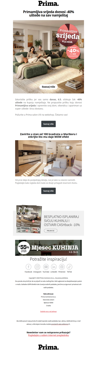 👉Primamljiva srijeda donosi -40% na sav namještaja