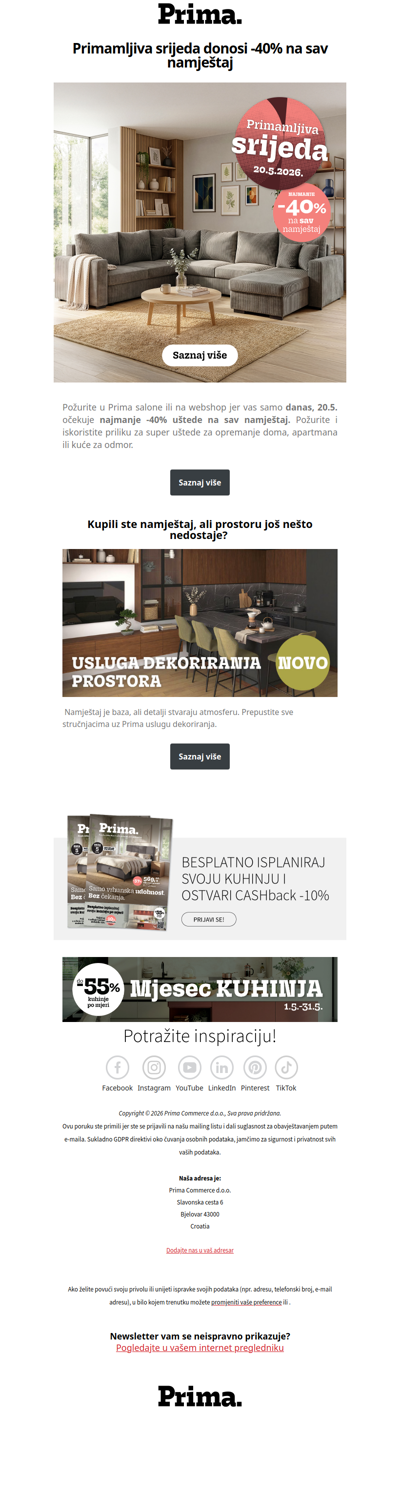 📣Samo DANAS najmanje -40% uštede na sav namještaj