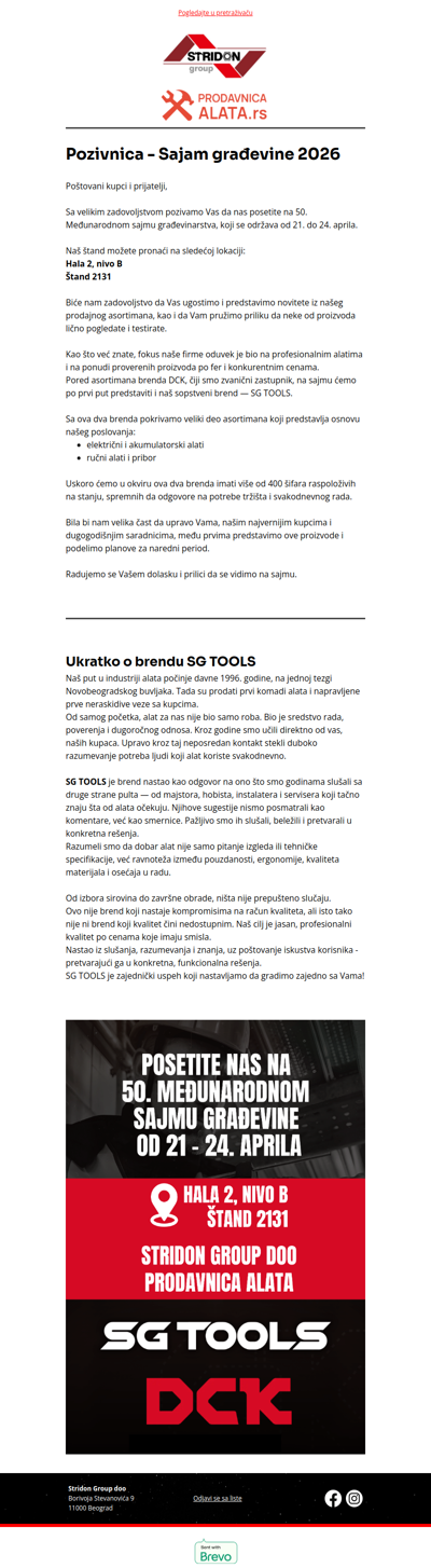 Pozivnica za Sajam građevine 2026 - Prodavnica alata - Stridon Group doo