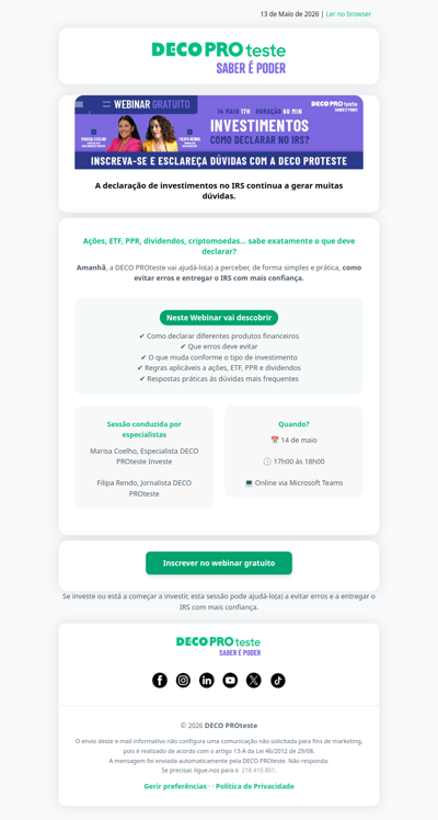 Últimas vagas: Webinar gratuito IRS e investimentos já amanhã