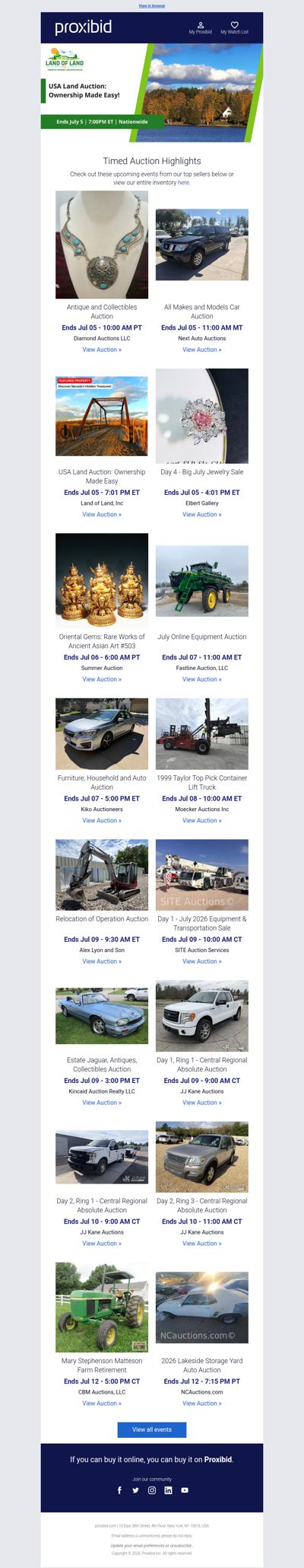 Proxibid’s Timed Auction Highlights: Farm and Heavy Equipment, Vehicles, Real Estate & More