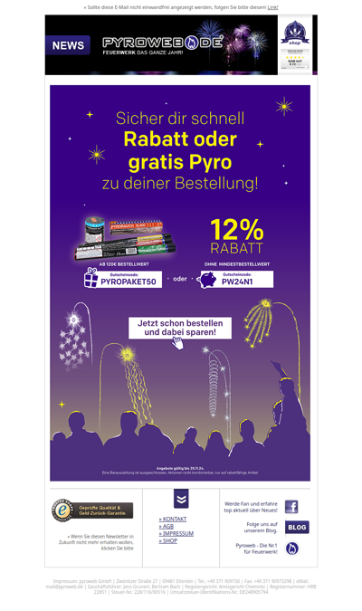 Silvesterauftakt: 50 Euro-Pyro-Paket geschenkt oder 12% Rabatt!