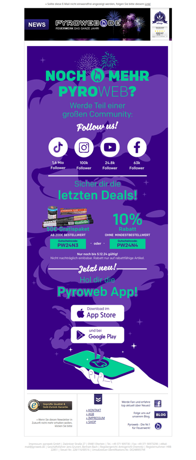 10% Rabatt oder 50 Euro Pyro geschenkt! // Jetzt verfügbar: Die pyroweb-App für Apple & Android!