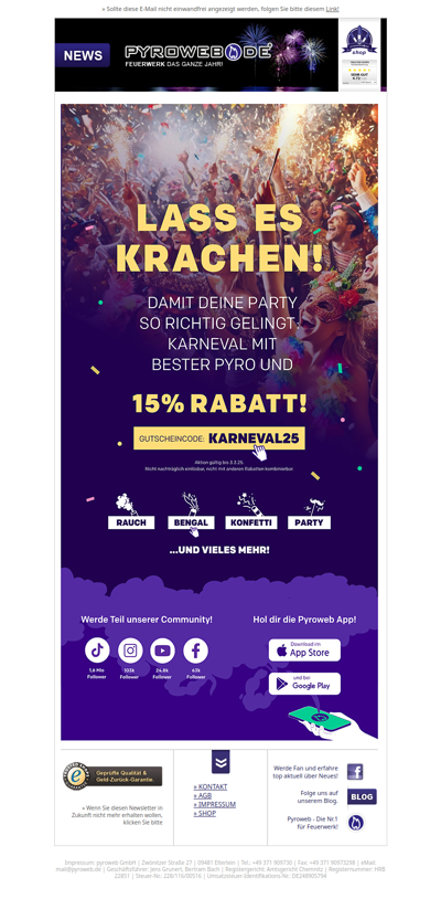 Jetzt aber schnell: Beste Pyro und 15% Rabatt zu Karneval - nur noch bis morgen!