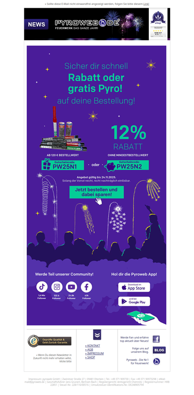 Silvesterauftakt: 50 Euro-Pyro-Paket geschenkt oder 12% Rabatt!