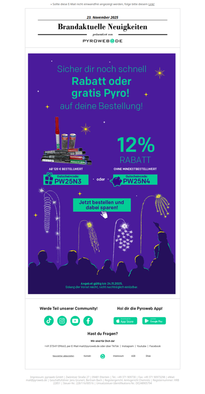 Nur noch heute & morgen: 50 Euro-Pyro-Paket geschenkt oder 12% Rabatt zum Silvesterauftakt!
