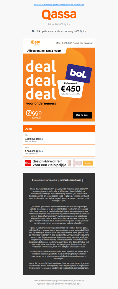 bol cadeaukaart t.w.v. €450,- bij Ziggo Zakelijk!