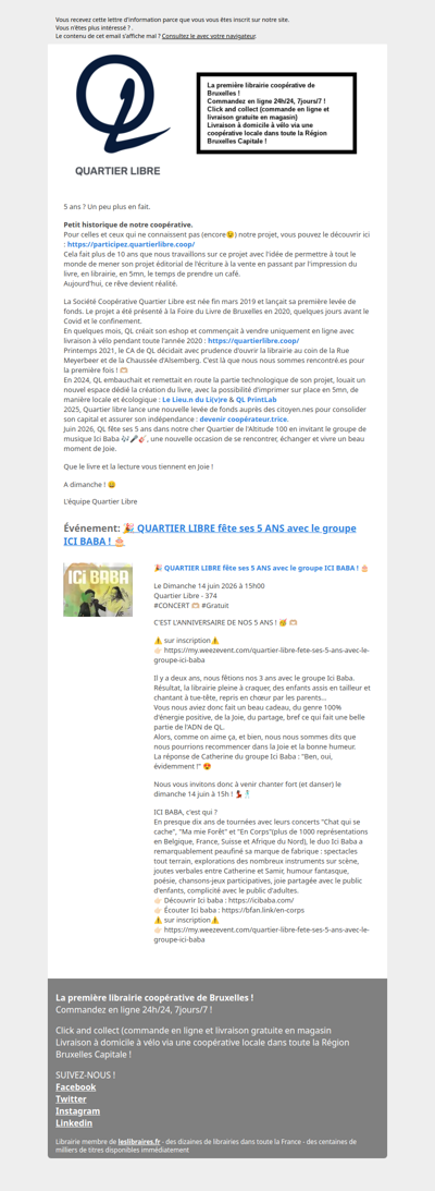 JUIN 2026 - 🎉 QUARTIER LIBRE fête ses 5 ANS avec le groupe ICI BABA ! 🎂