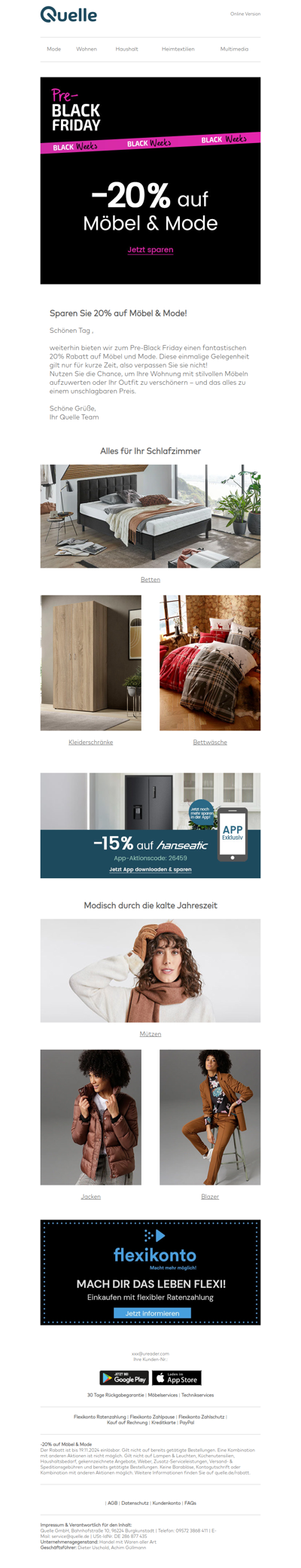 20% auf Möbel & Mode für Sie!